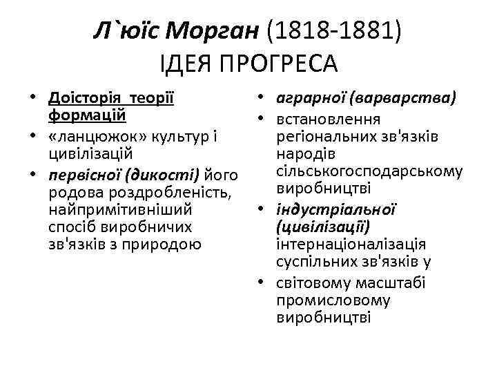 Л`юїc Морган (1818 -1881) ІДЕЯ ПРОГРЕСА • Доісторія теорії • аграрної (варварства) формацій •