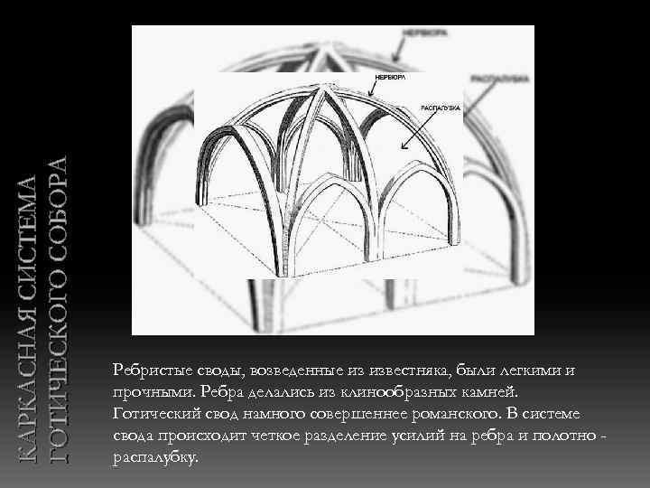 КАРКАСНАЯ СИСТЕМА ГОТИЧЕСКОГО СОБОРА Ребристые своды, возведенные из известняка, были легкими и прочными. Ребра