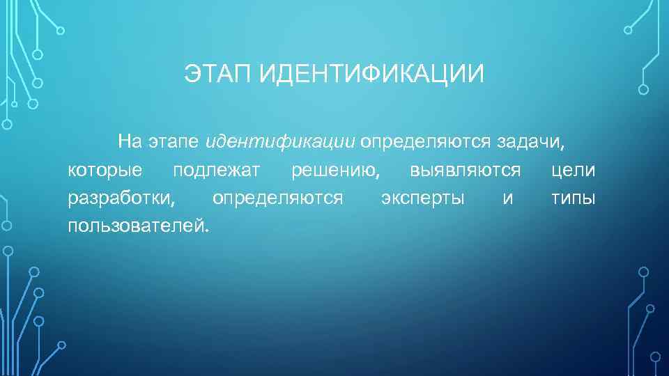 ЭТАП ИДЕНТИФИКАЦИИ На этапе идентификации определяются задачи, которые подлежат решению, выявляются цели разработки, определяются