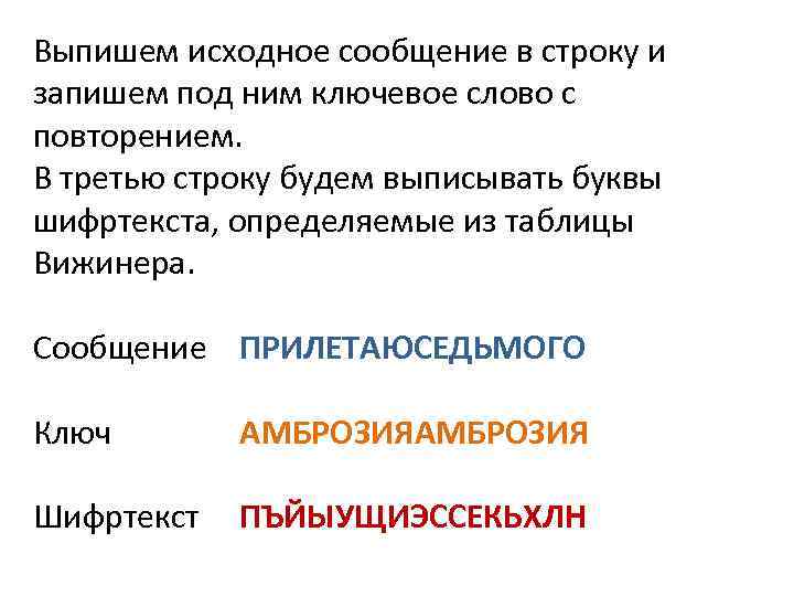 Выпишем исходное сообщение в строку и запишем под ним ключевое слово с повторением. В