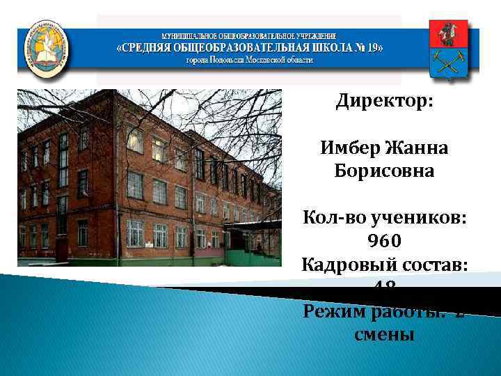 Директор: Имбер Жанна Борисовна Кол-во учеников: 960 Кадровый состав: 48 Режим работы: 2 смены