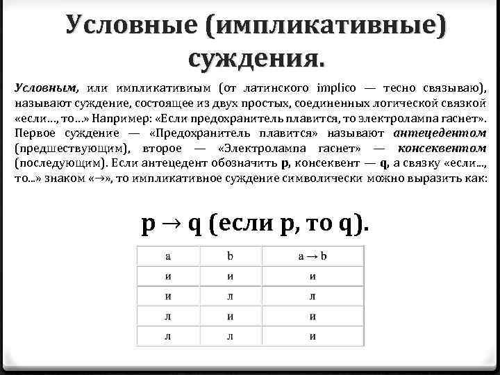 Условные (импликативные) суждения. Условным, или импликативиым (от латинского implico — тесно связываю), называют суждение,