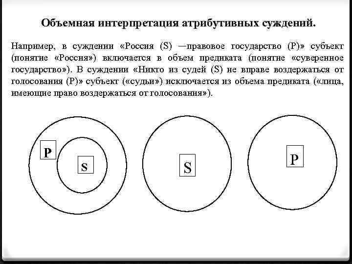 Объемная интерпретация атрибутивных суждений. Например, в суждении «Россия (S) —правовое государство (Р)» субъект (понятие