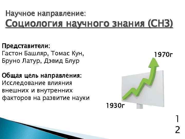 Научное направление: Социология научного знания (СНЗ) Представители: Гастон Башляр, Томас Кун, Бруно Латур, Дэвид