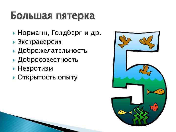 Большая пятерка Норманн, Голдберг и др. Экстраверсия Доброжелательность Добросовестность Невротизм Открытость опыту 