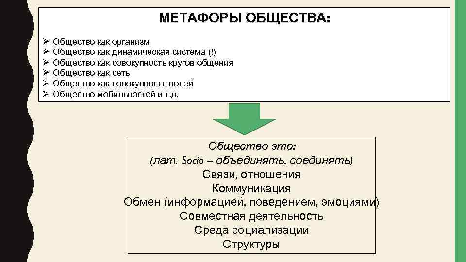 МЕТАФОРЫ ОБЩЕСТВА: Ø Ø Ø Общество как организм Общество как динамическая система (!) Общество