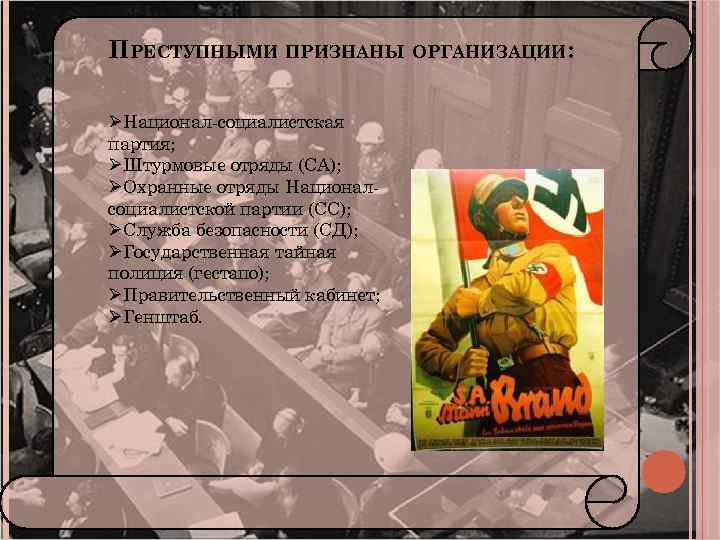 ПРЕСТУПНЫМИ ПРИЗНАНЫ ОРГАНИЗАЦИИ: ØНационал-социалистская партия; ØШтурмовые отряды (СА); ØОхранные отряды Националсоциалистской партии (СС); ØСлужба
