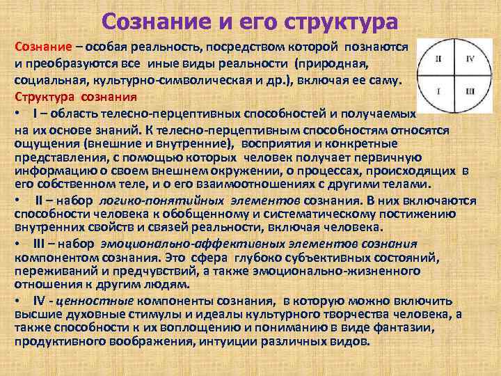 Сознание и его структура Сознание – особая реальность, посредством которой познаются и преобразуются все