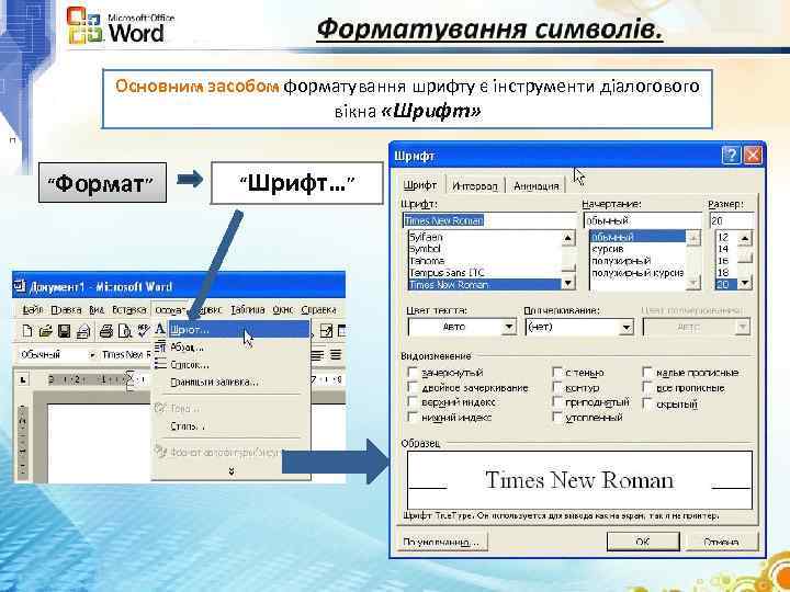 Основним засобом форматування шрифту є інструменти діалогового вікна «Шрифт» “Формат” “Шрифт…” 