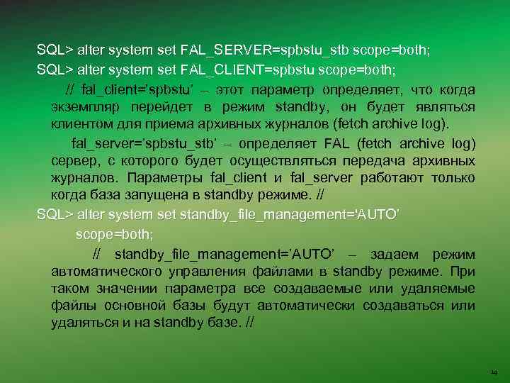 SQL> alter system set FAL_SERVER=spbstu_stb scope=both; SQL> alter system set FAL_CLIENT=spbstu scope=both; // fal_client=’spbstu’