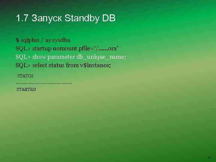 1. 7 Запуск Standby DB $ sqlplus / as sysdba SQL> startup nomount pfile=‘/….