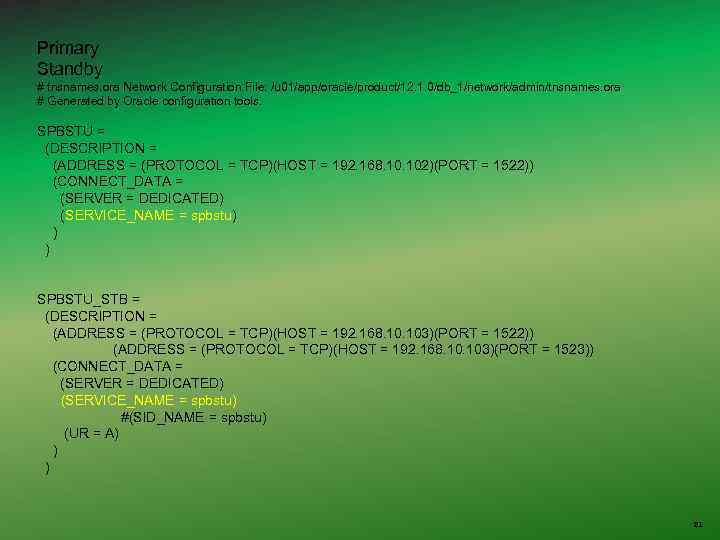 Primary Standby # tnsnames. ora Network Configuration File: /u 01/app/oracle/product/12. 1. 0/db_1/network/admin/tnsnames. ora #