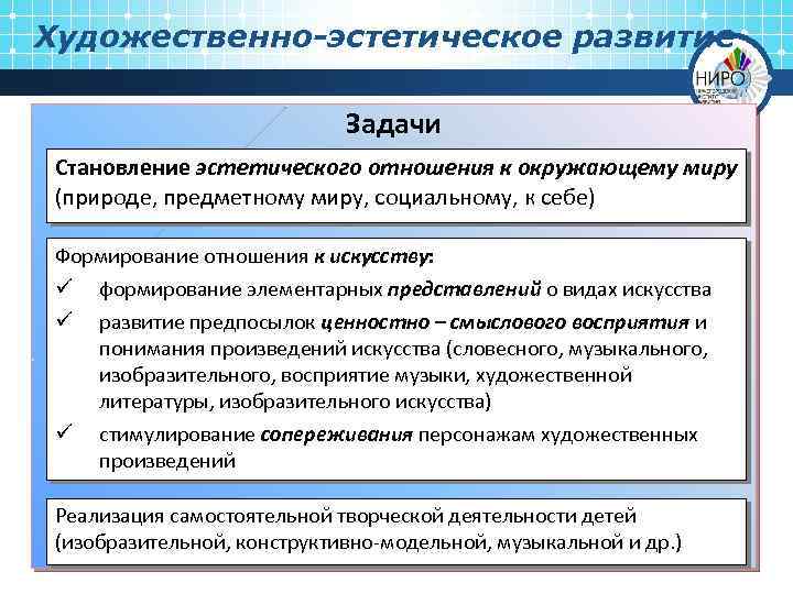Художественно-эстетическое развитие Задачи Становление эстетического отношения к окружающему миру (природе, предметному миру, социальному, к