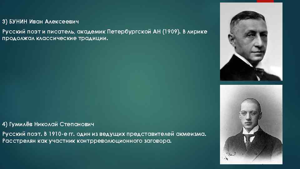 3) БУНИН Иван Алексеевич Русский поэт и писатель, академик Петербургской АН (1909). В лирике