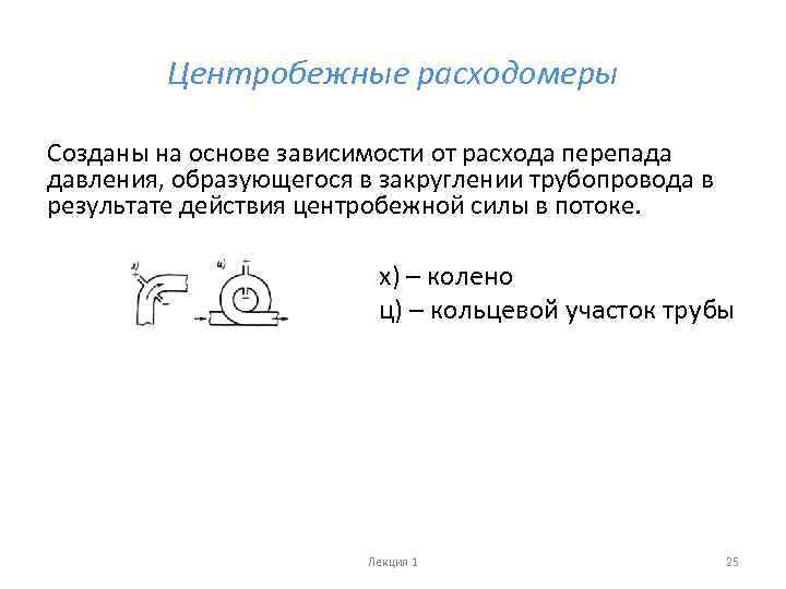 Центробежные расходомеры Созданы на основе зависимости от расхода перепада давления, образующегося в закруглении трубопровода