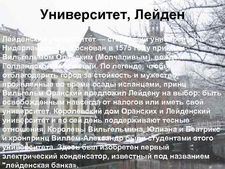 Университет, Лейден Ле йденский университе т — старейший университет в Нидерландах. Был основан в