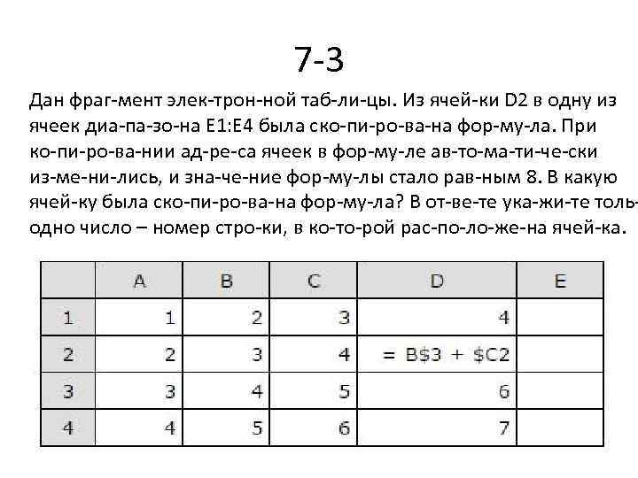 7 3 Дан фраг мент элек трон ной таб ли цы. Из ячей ки