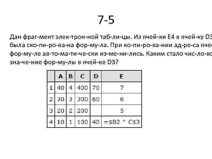 7 5 Дан фраг мент элек трон ной таб ли цы. Из ячей ки