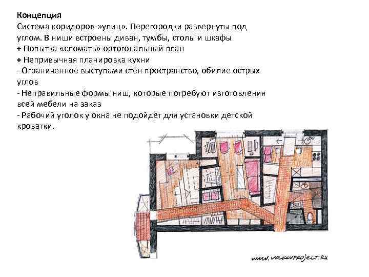 Концепция Система коридоров-» улиц» . Перегородки развернуты под углом. В ниши встроены диван, тумбы,