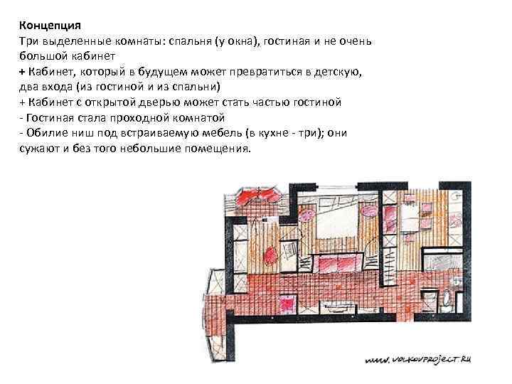 Концепция Три выделенные комнаты: спальня (у окна), гостиная и не очень большой кабинет +