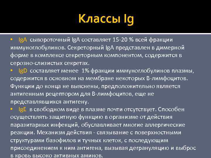 Классы Ig • Ig. A сывороточный Ig. A составляет 15 -20 % всей фракции