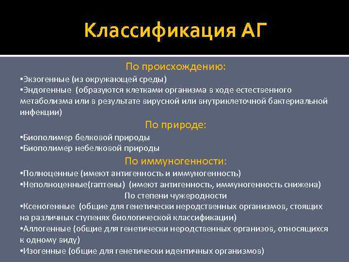 Классификация АГ По происхождению: • Экзогенные (из окружающей среды) • Эндогенные (образуются клетками организма