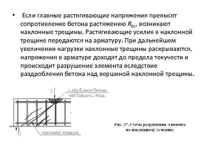  • Если главные растягивающие напряжения превысят сопротивление бетона растяжению Rbt, возникают наклонные трещины.