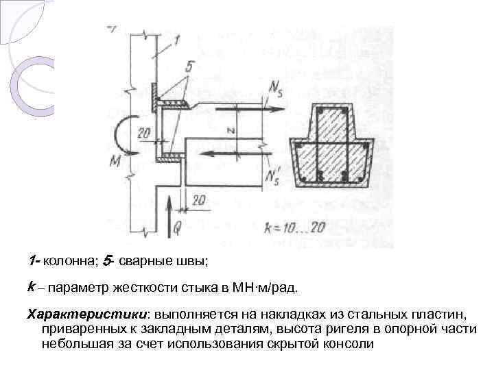 1 - колонна; 5 - сварные швы; k – параметр жесткости стыка в МН·м/рад.