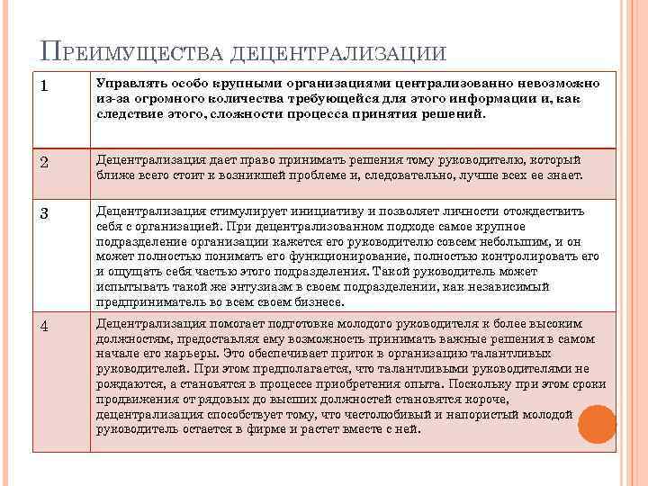 ПРЕИМУЩЕСТВА ДЕЦЕНТРАЛИЗАЦИИ 1 Управлять особо крупными организациями централизованно невозможно из-за огромного количества требующейся для