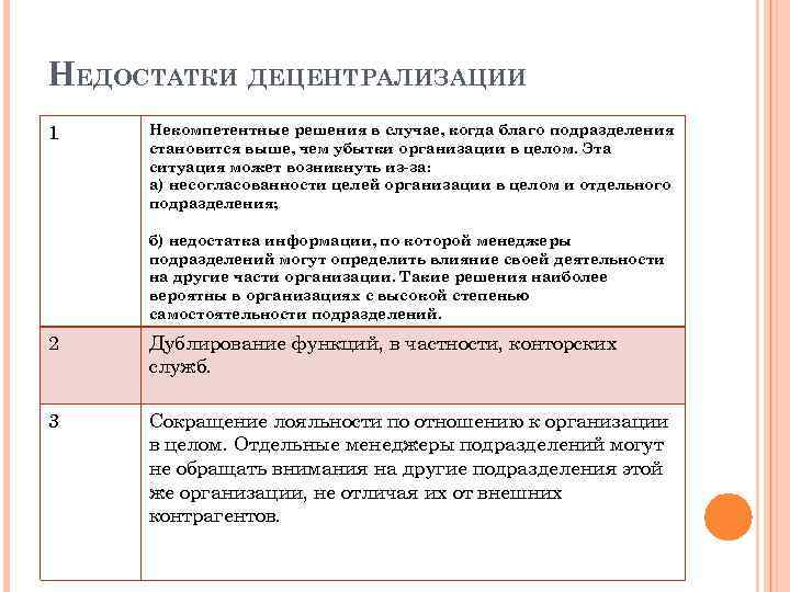 НЕДОСТАТКИ ДЕЦЕНТРАЛИЗАЦИИ 1 Некомпетентные решения в случае, когда благо подразделения становится выше, чем убытки