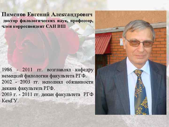 Пименов Евгений Александрович доктор филологических наук, профессор, член корреспондент САН ВШ 1986 - 2011