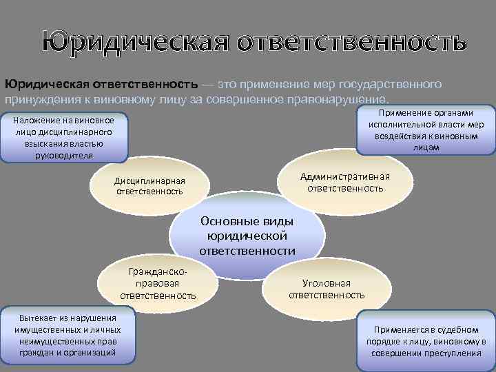 Юридическая ответственность — это применение мер государственного принуждения к виновному лицу за совершенное правонарушение.