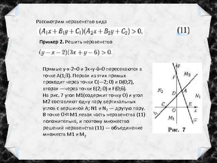Рассмотрим неравенство вида Пример 2. Решить неравенство Прямые y-x-2=0 и 3 x+y-6=0 пересекаются в