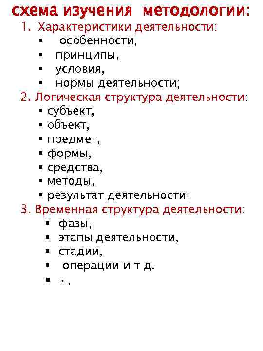 схема изучения методологии: 1. Характеристики деятельности: § особенности, § принципы, § условия, § нормы