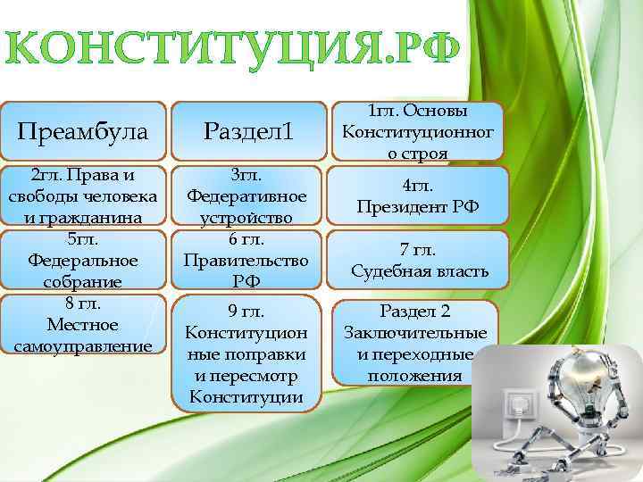 КОНСТИТУЦИЯ. РФ Преамбула Раздел 1 2 гл. Права и свободы человека и гражданина 5