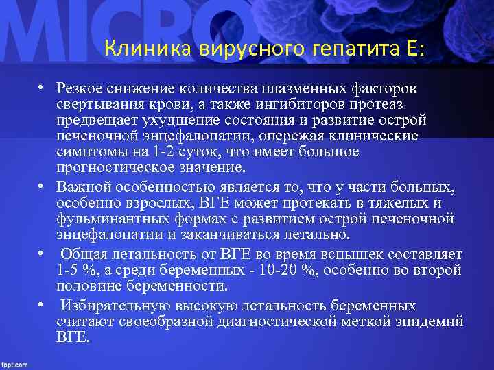 Клиника вирусного гепатита Е: • Резкое снижение количества плазменных факторов свертывания крови, а также