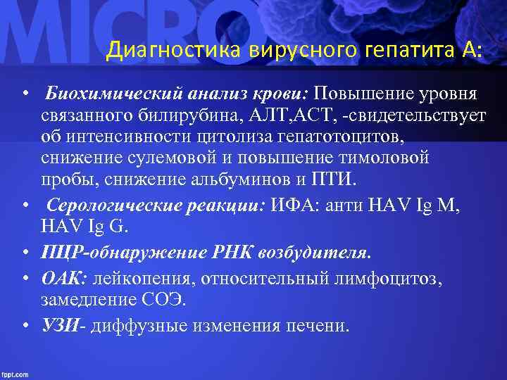 Диагностика вирусного гепатита А: • Биохимический анализ крови: Повышение уровня связанного билирубина, АЛТ, АСТ,