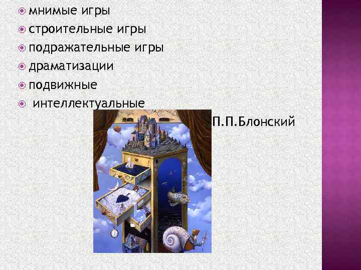  мнимые игры строительные игры подражательные игры драматизации подвижные интеллектуальные П. П. Блонский 