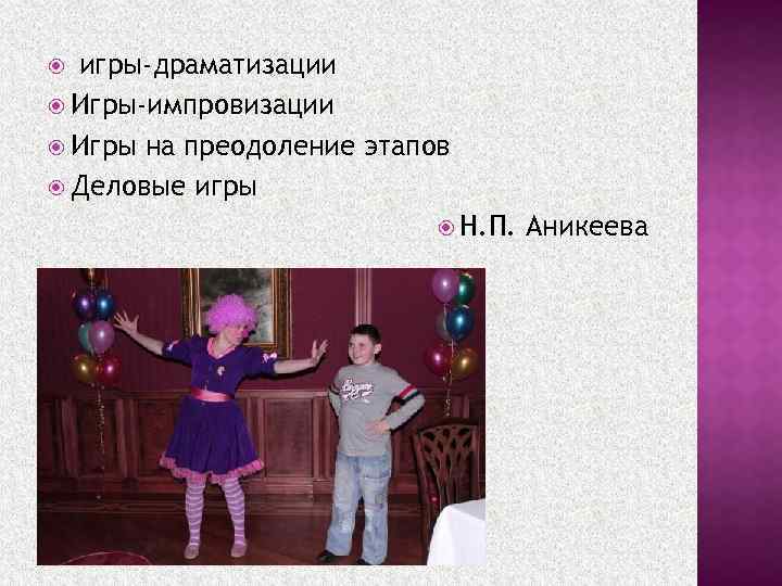 игры-драматизации Игры-импровизации Игры на преодоление этапов Деловые игры Н. П. Аникеева 