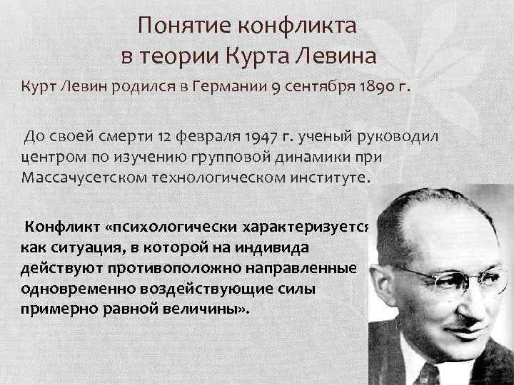  Понятие конфликта в теории Курта Левина Курт Левин родился в Германии 9 сентября