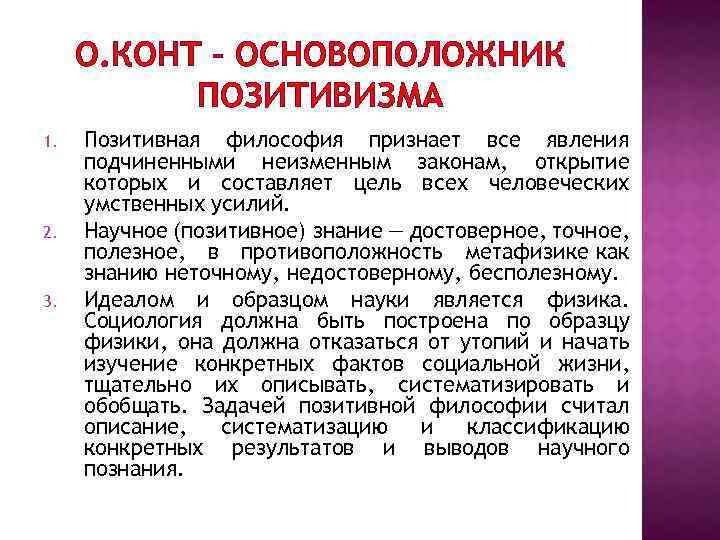 О. КОНТ – ОСНОВОПОЛОЖНИК ПОЗИТИВИЗМА 1. 2. 3. Позитивная философия признает все явления подчиненными