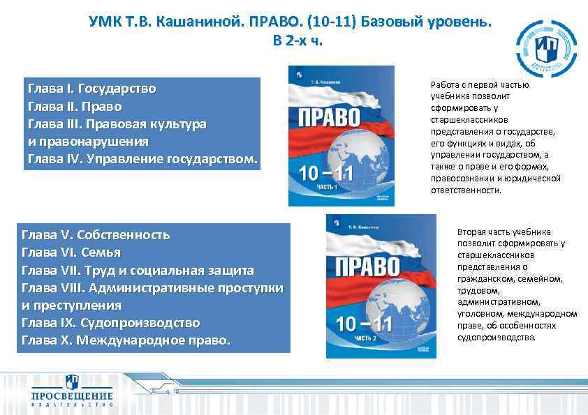 УМК Т. В. Кашаниной. ПРАВО. (10 -11) Базовый уровень. В 2 -х ч. Глава