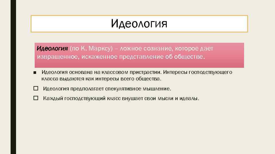 Идеология (по К. Марксу) – ложное сознание, которое дает извращенное, искаженное представление об обществе.