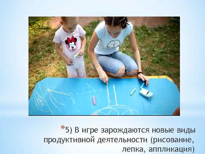 *5) В игре зарождаются новые виды продуктивной деятельности (рисование, лепка, аппликация) 