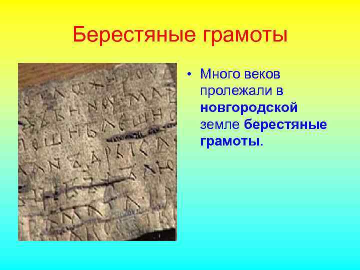 Берестяные грамоты • Много веков пролежали в новгородской земле берестяные грамоты. 