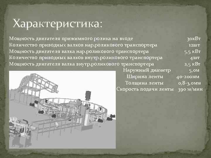 Характеристика: Мощность двигателя прижимного ролика на входе 30 к. Вт Количество приводных валков нар.