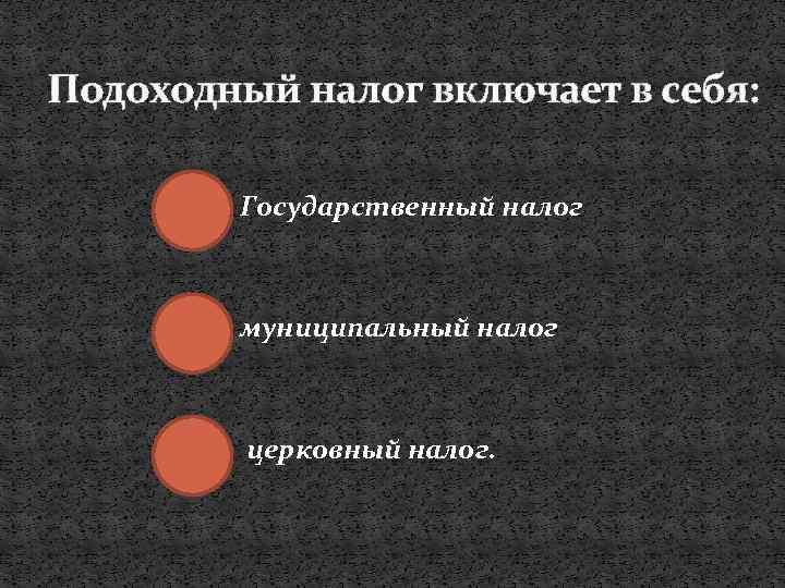 Подоходный налог включает в себя: Государственный налог муниципальный налог церковный налог. 