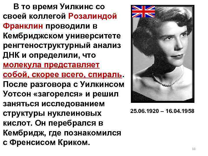 В то время Уилкинс со своей коллегой Розалиндой Франклин проводили в Кембриджском университете ренгтеноструктурный