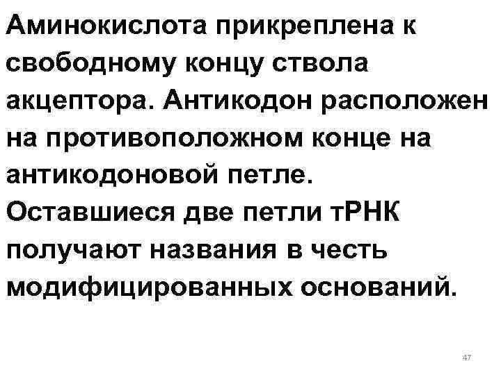 Аминокислота прикреплена к свободному концу ствола акцептора. Антикодон расположен на противоположном конце на антикодоновой