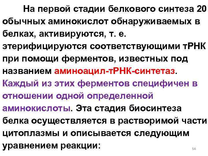 На первой стадии белкового синтеза 20 обычных аминокислот обнаруживаемых в белках, активируются, т. е.